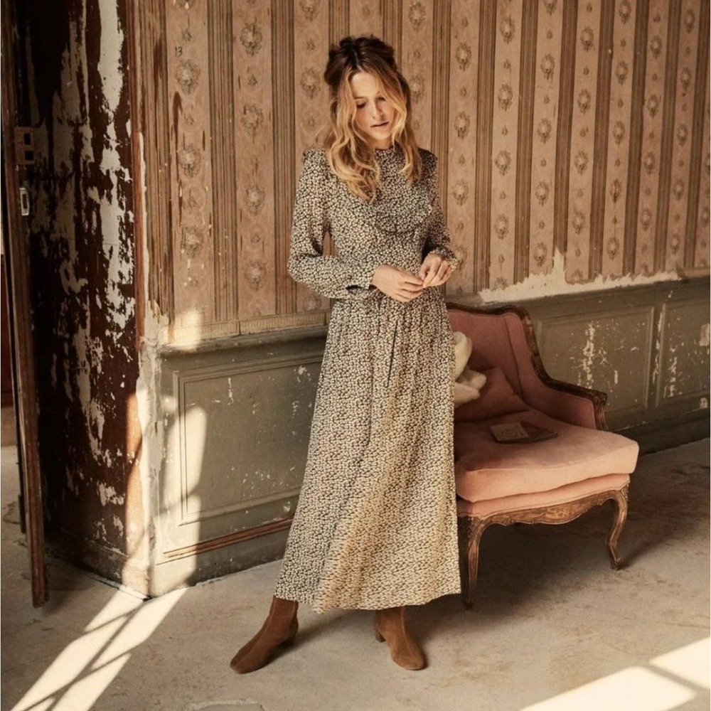 Doen Hawthorne Dress Olive Cherry Willow Floral Maxi XS Long Sleeve High Neck